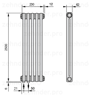 Схема (чертеж) Радиатор Zehnder Charleston 2250/5 №3370 Белый глянцевый RAL 9016
